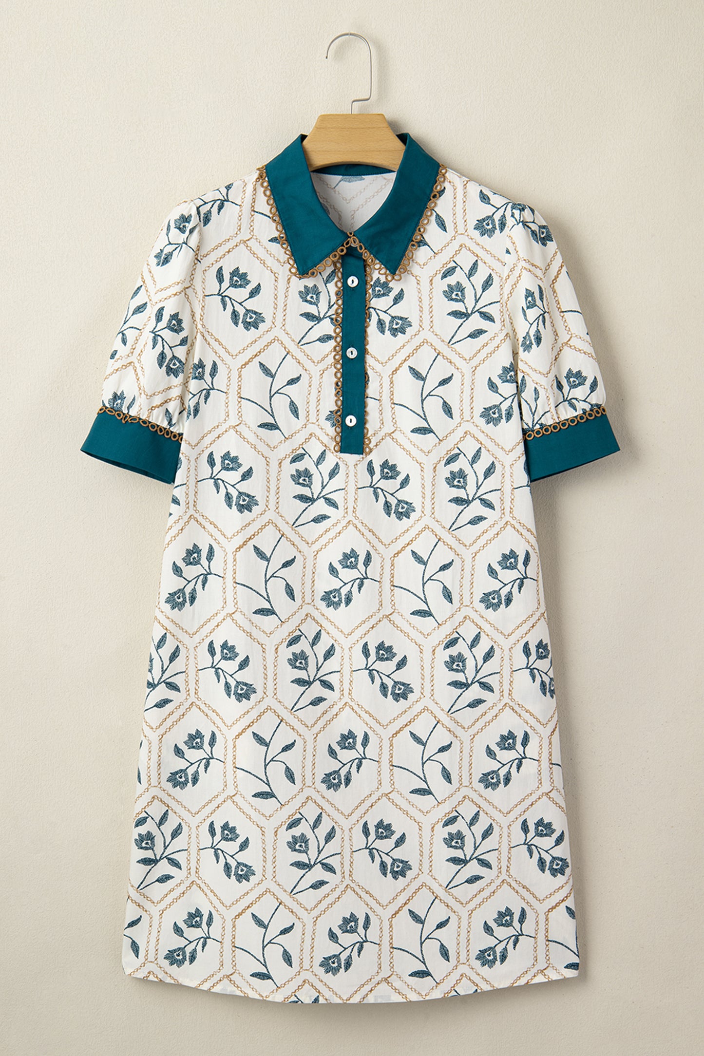 Blue Geometric Floral Print Lace Trim Collared Short Sleeve Mini Dress-TOPS / DRESSES-[Adult]-[Female]-2022 Online Blue Zone Planet