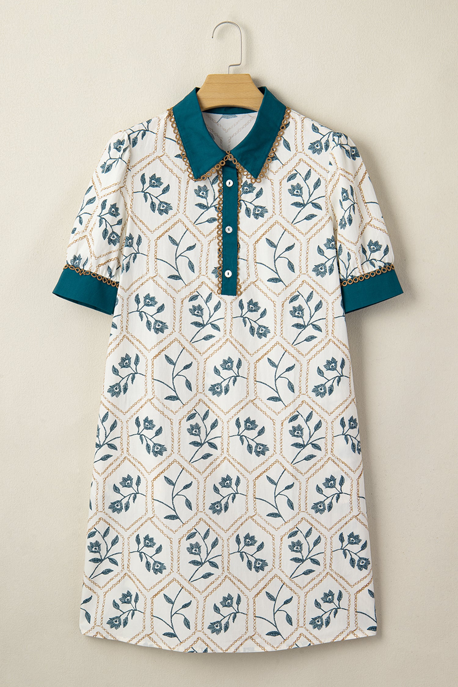 Blue Geometric Floral Print Lace Trim Collared Short Sleeve Mini Dress-TOPS / DRESSES-[Adult]-[Female]-2022 Online Blue Zone Planet