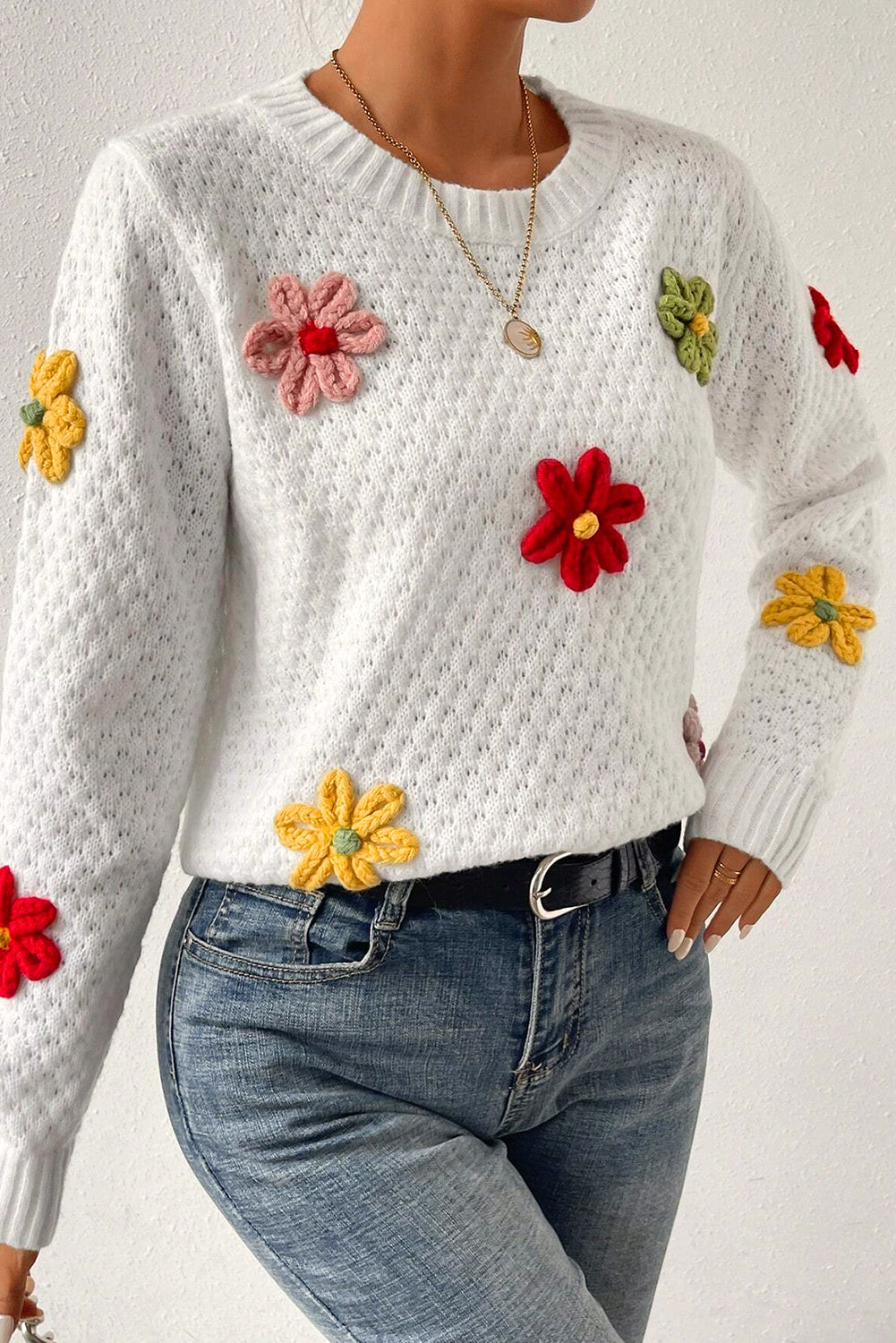 White Colorful Flower Applique Textured Knit Sweater-Sweaters & Cardigans/Sweaters-[Adult]-[Female]-2022 Online Blue Zone Planet