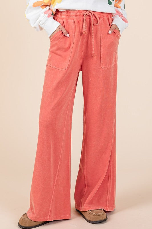 Mittoshop Mineral Wash French Terry Drawstring Wide Leg Pants-BOTTOMS SIZES SMALL MEDIUM LARGE-[Adult]-[Female]-Orange-Red-S-2022 Online Blue Zone Planet