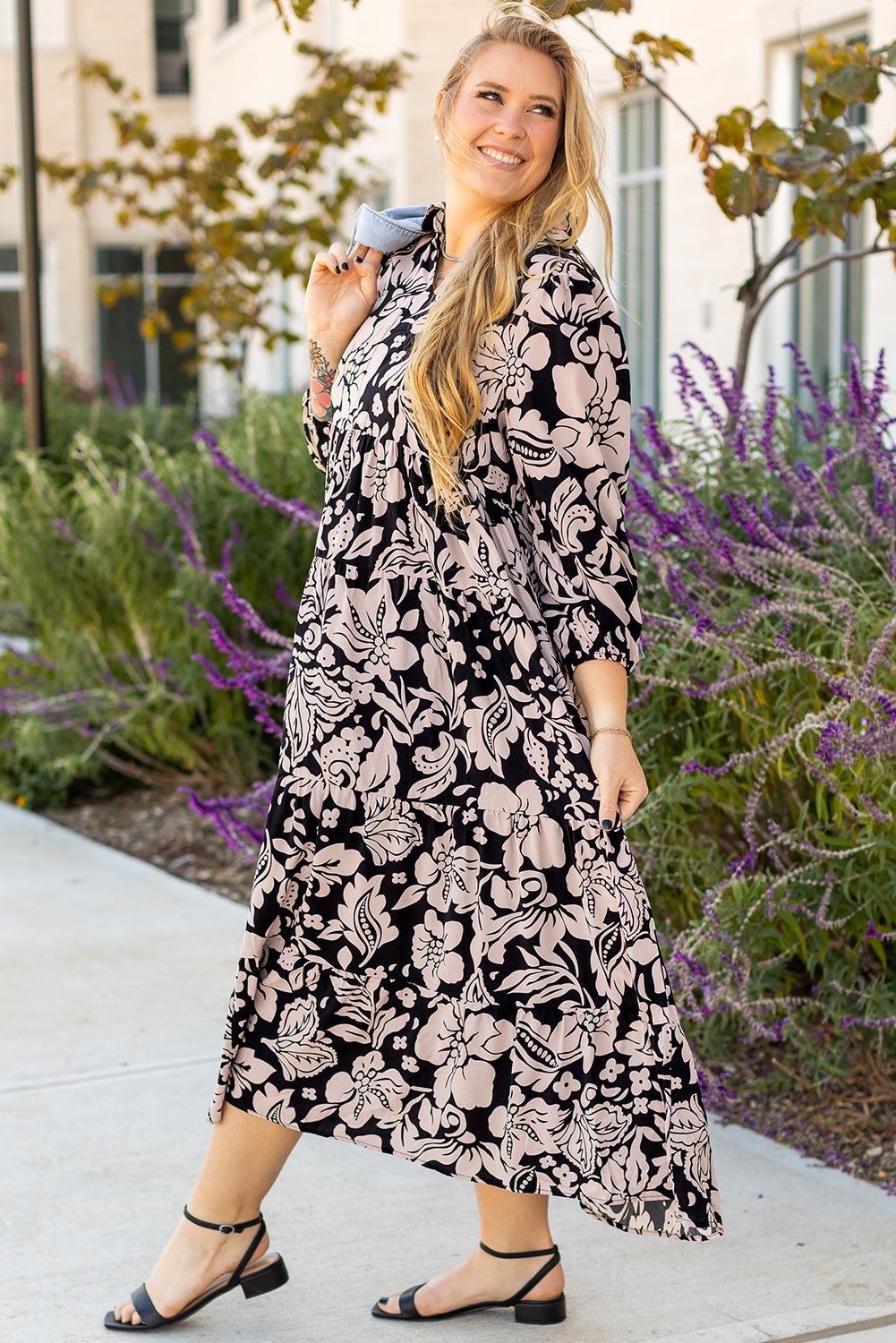 Blue Zone Planet | Black Plus Size Floral Printed Puff Sleeve Collared Maxi Dress-TOPS / DRESSES-[Adult]-[Female]-2022 Online Blue Zone Planet