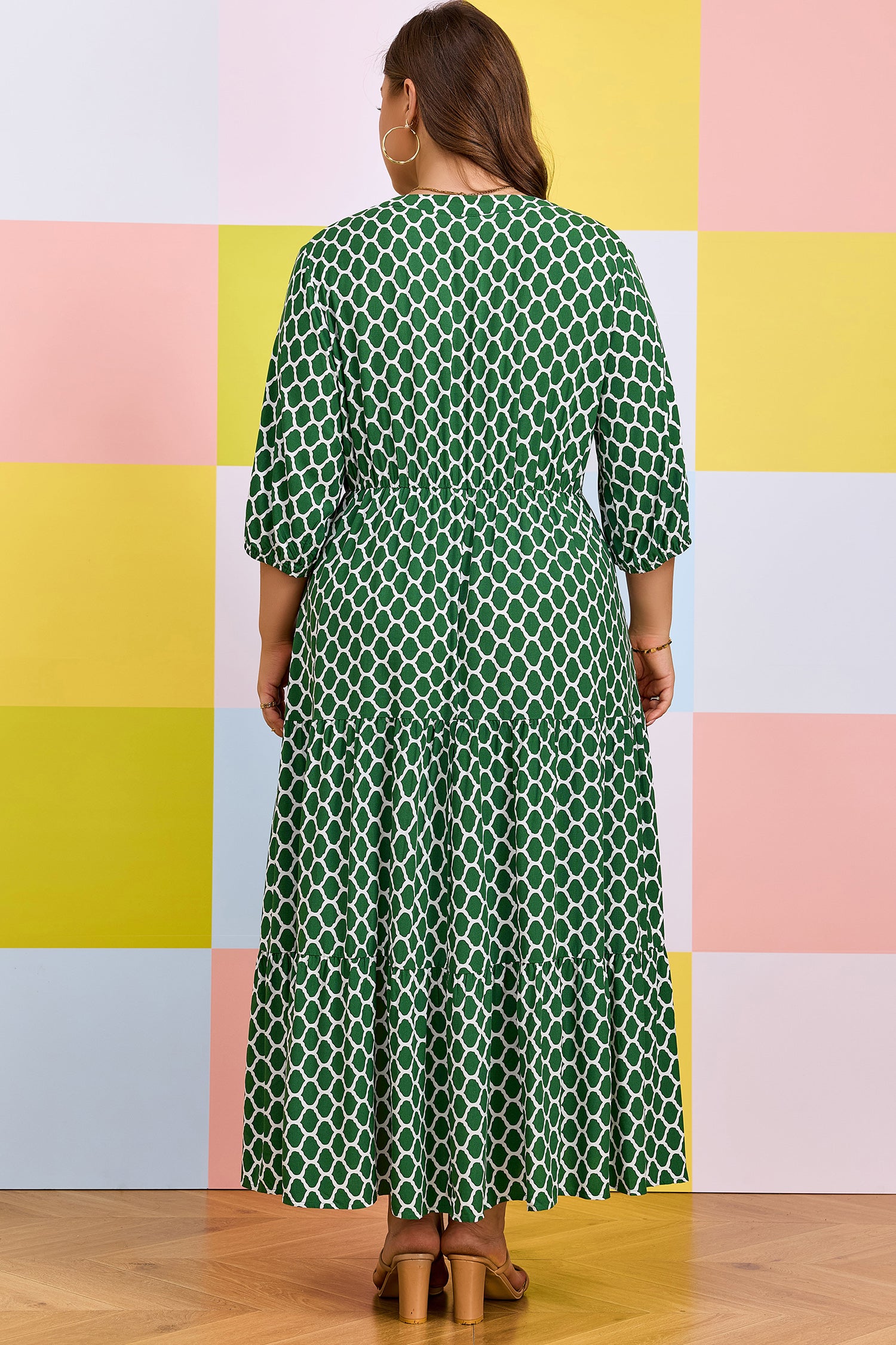 Green Plus Size Geometric Print Pocketed Ruffle Hem Casual Dress-Plus Size/Plus Size Dresses/Plus Size Maxi Dresses-[Adult]-[Female]-2022 Online Blue Zone Planet