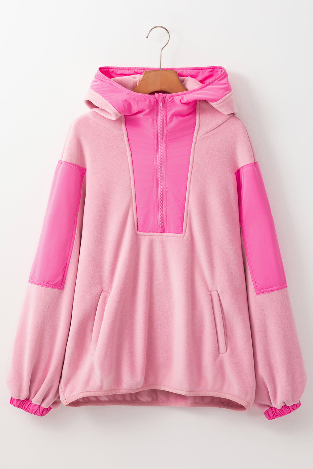 Blue Zone Planet | Pink Colorblock Patchwork Half Zip Oversized Sherpa Hoodie-Tops / Dresses-[Adult]-[Female]-2022 Online Blue Zone Planet