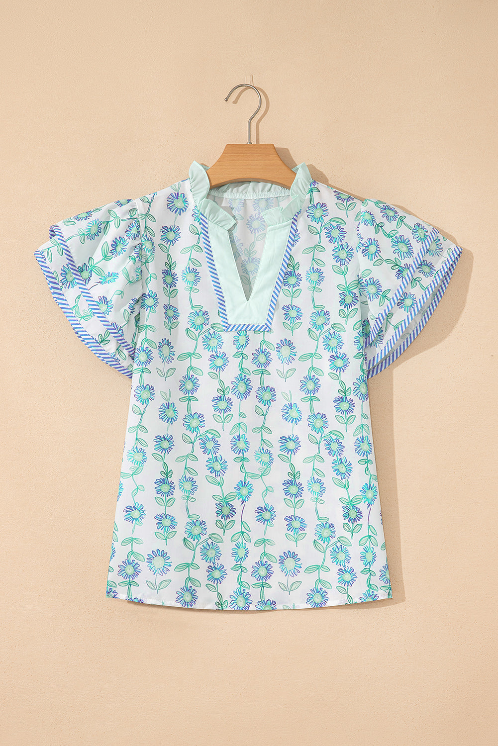 Green Floral Print Striped Detail Contrast V Neck Patchwork Flutter Sleeve Blouse-Tops/Blouses & Shirts-[Adult]-[Female]-2022 Online Blue Zone Planet
