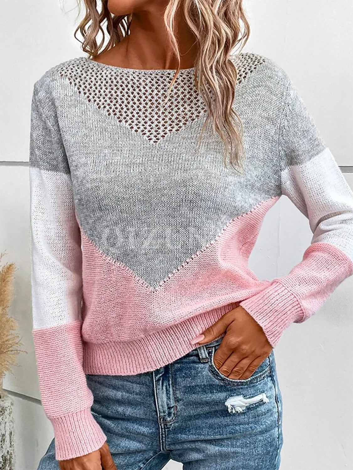 Openwork Contrast Round Neck Long Sleeve Knit Top-TOPS / DRESSES-[Adult]-[Female]-Pink/Gray-S-2022 Online Blue Zone Planet