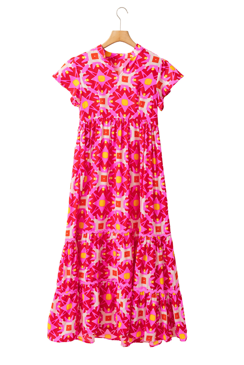 Blue Zone Planet | Strawberry Pink Geo Print V-neck Maxi Dress-TOPS / DRESSES-[Adult]-[Female]-2022 Online Blue Zone Planet