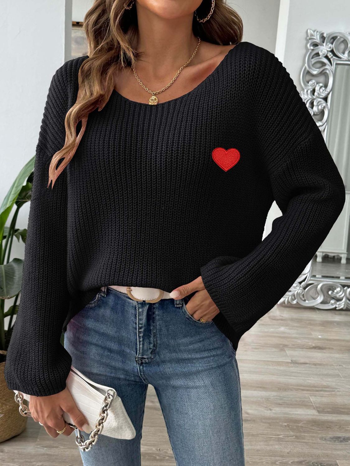 Heart Boat Neck Dropped Shoulder Sweater-TOPS / DRESSES-[Adult]-[Female]-Black-S-2022 Online Blue Zone Planet