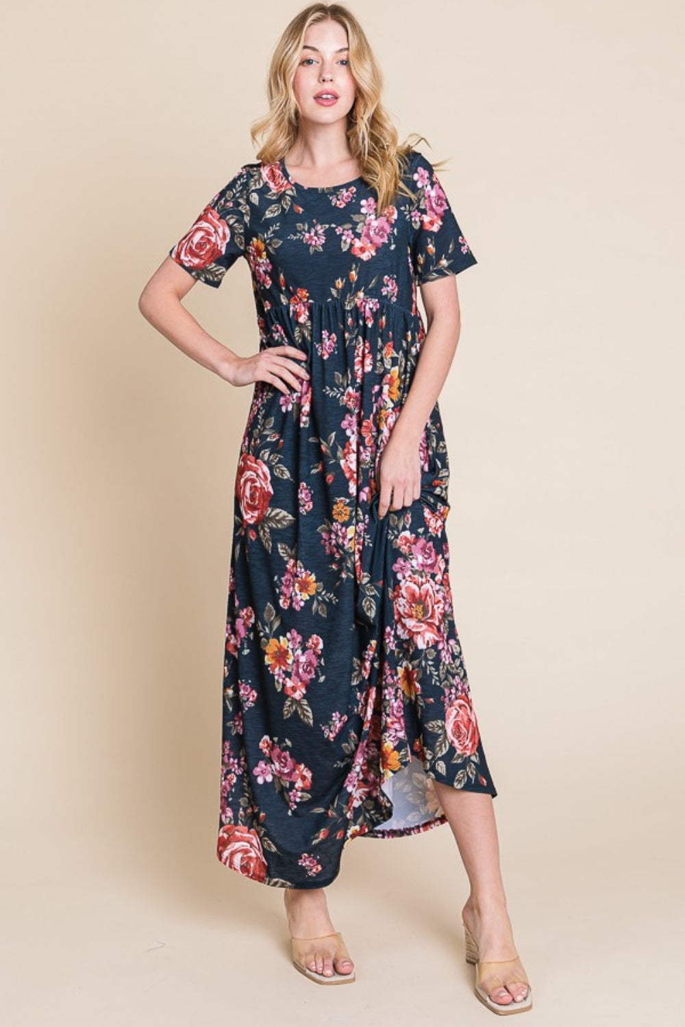 Blue Zone Planet | BOMBOM Floral Short Sleeve Maxi Dress-TOPS / DRESSES-[Adult]-[Female]-2022 Online Blue Zone Planet