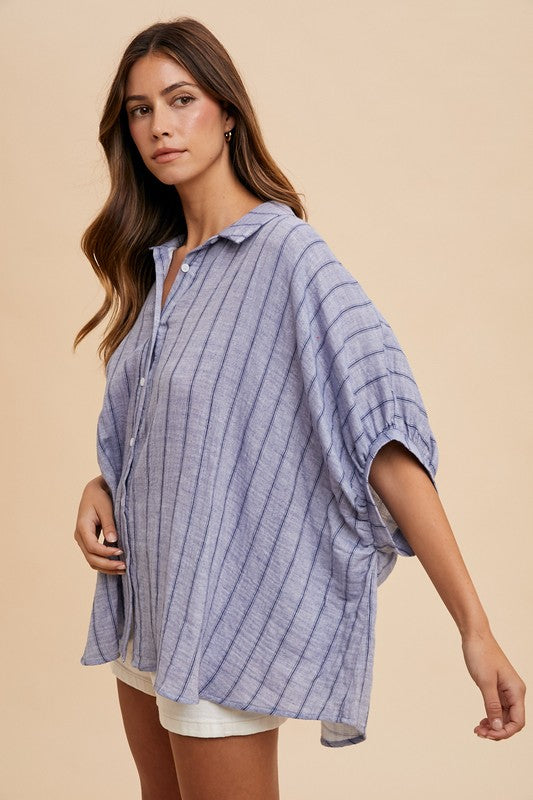 Annie Wear Striped Button Up Half Sleeve Shirt-TOPS / DRESSES-[Adult]-[Female]-2022 Online Blue Zone Planet