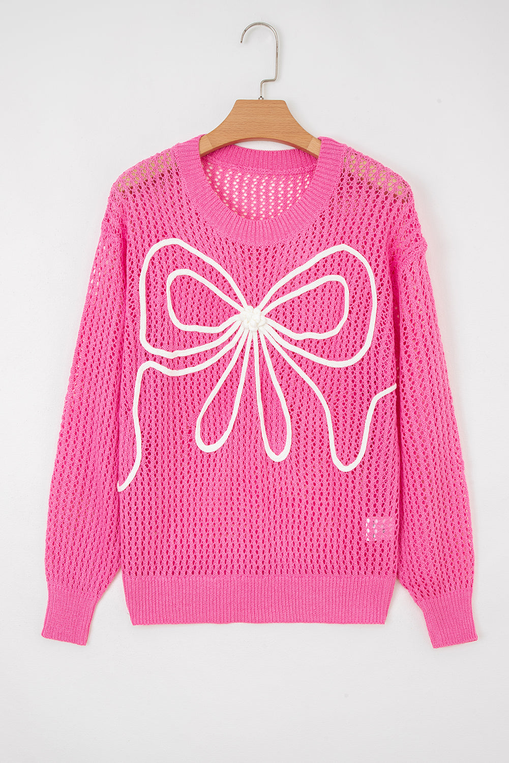 Sachet Pink Sweet Bow Decor Hollow Out Knitted Drop Shoulder Sweater-TOPS / DRESSES-[Adult]-[Female]-2022 Online Blue Zone Planet