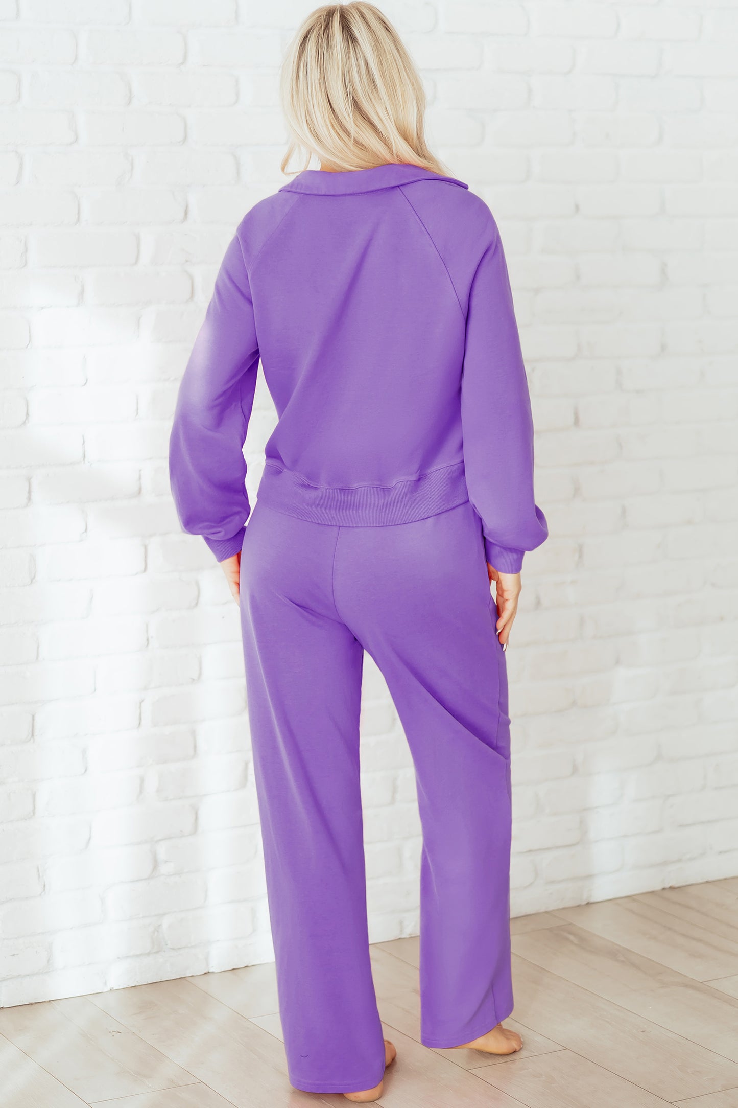 Wisteria Solid Color Collared Pullover and Central Seam Pants Set-Two Piece Sets/Pant Sets-[Adult]-[Female]-2022 Online Blue Zone Planet