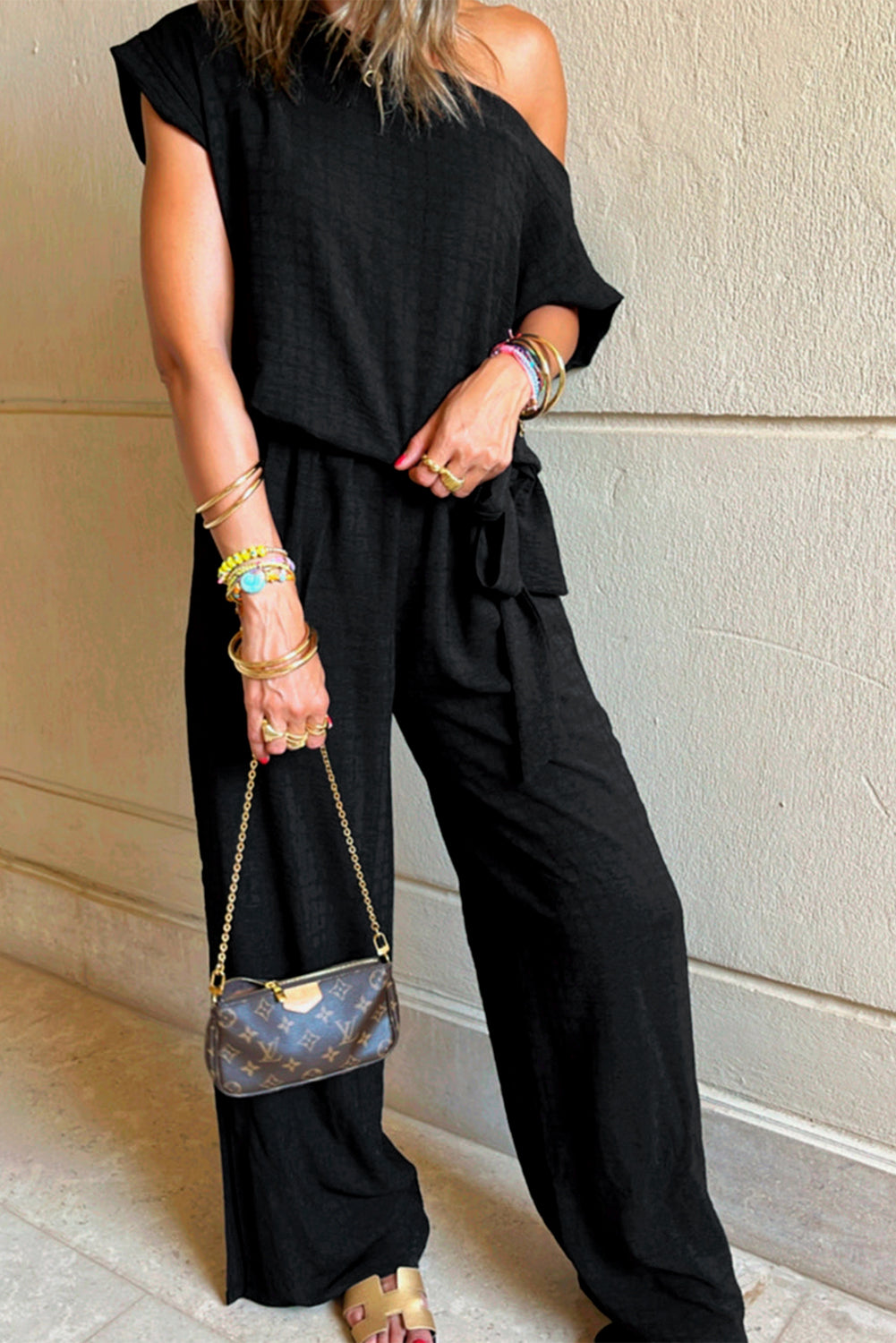 Black Checkered Mesh One Shoulder Short Sleeve Knotted Waist Jumpsuit-Bottoms/Jumpsuits & Rompers-[Adult]-[Female]-2022 Online Blue Zone Planet
