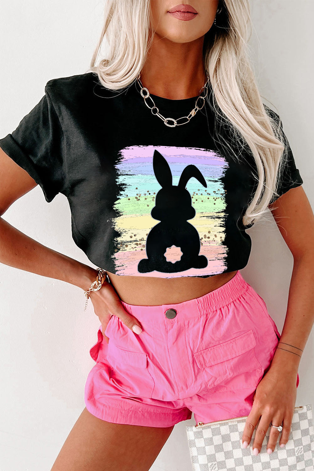 Black Rainbow Splash Easter Rabbit Graphic Tee-Graphic/Graphic Tees-[Adult]-[Female]-Black-S-2022 Online Blue Zone Planet