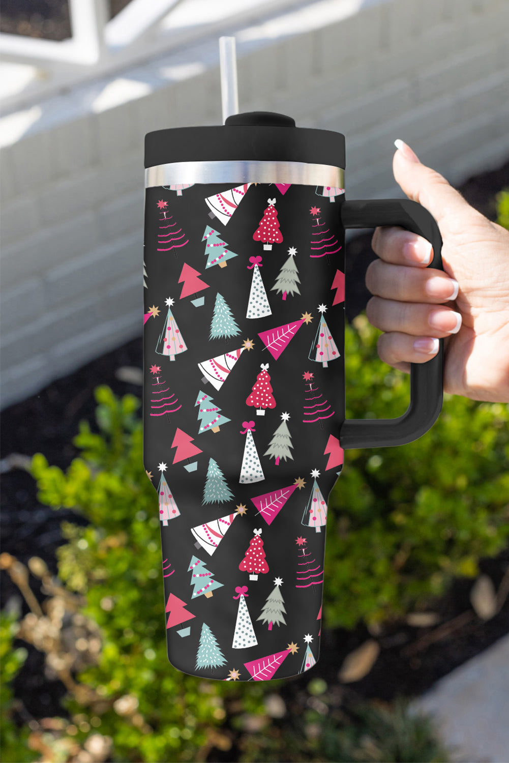 Black Cartoon Christmas Tree Printed Thermos Cup 40oz-Accessories/Tumblers-[Adult]-[Female]-Black-ONE SIZE-2022 Online Blue Zone Planet