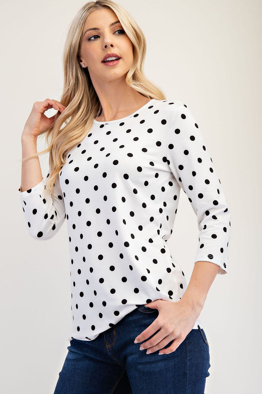 Celeste Full Size Polka Dot Round Neck Three-Quarter Sleeve T-Shirt-TOPS / DRESSES-[Adult]-[Female]-Ivory Polka-S-2022 Online Blue Zone Planet