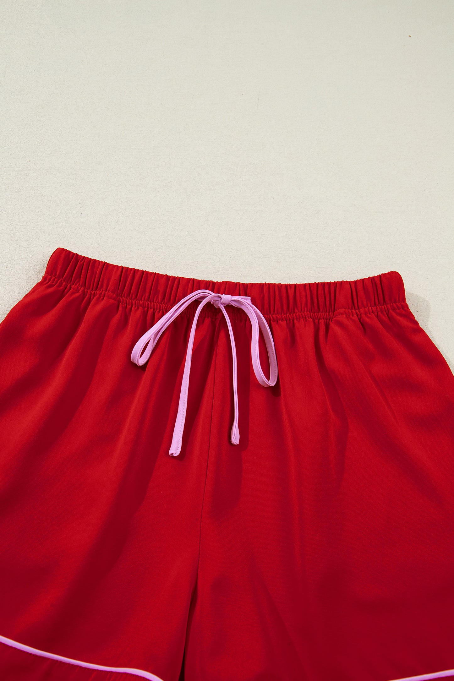 Fiery Red Contrast Trim Ribbon Bow Short Silky 2pcs Pajama Set-Loungewear & Sleepwear/Sleepwear-[Adult]-[Female]-2022 Online Blue Zone Planet