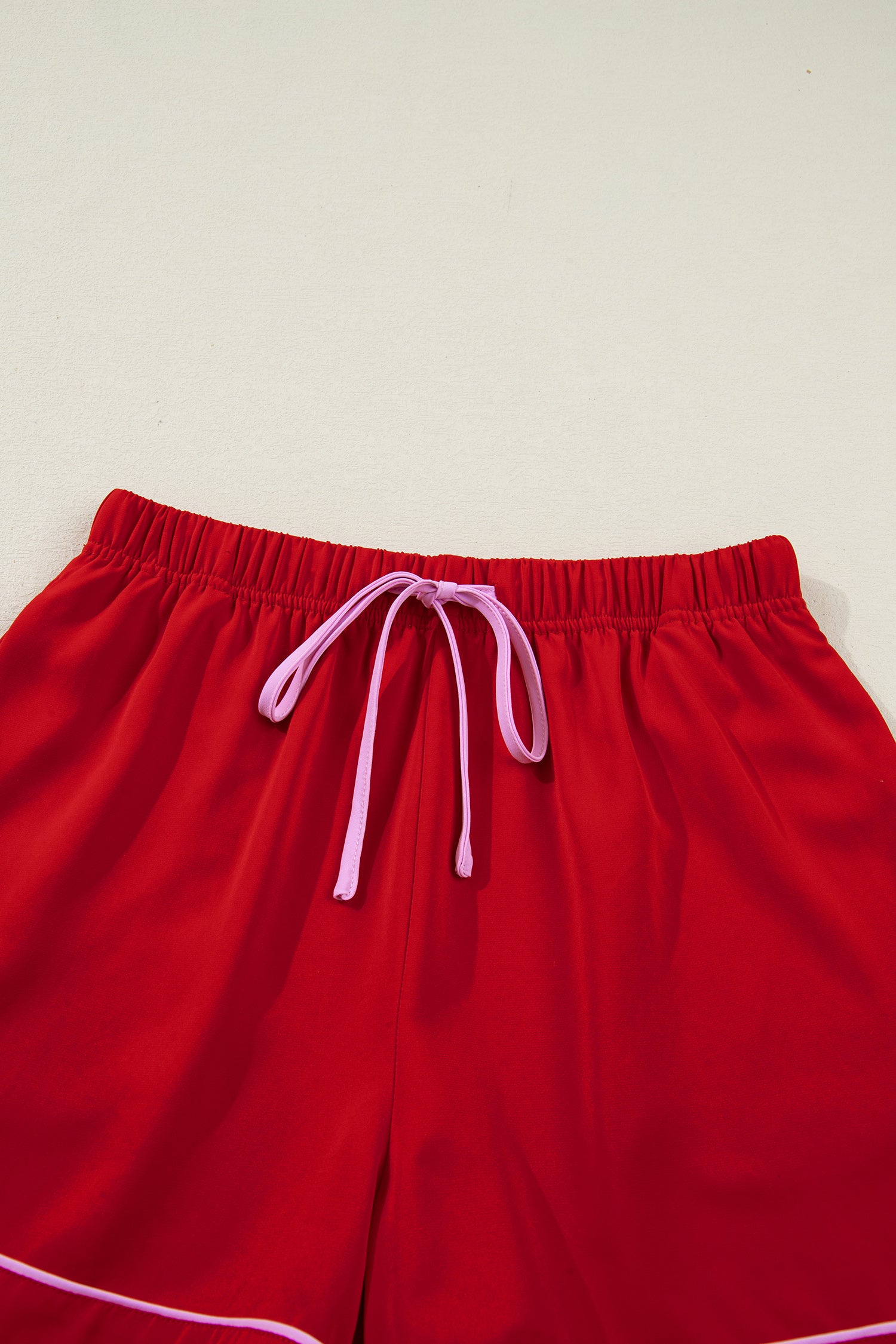 Fiery Red Contrast Trim Ribbon Bow Short Silky 2pcs Pajama Set-Loungewear & Sleepwear/Sleepwear-[Adult]-[Female]-2022 Online Blue Zone Planet