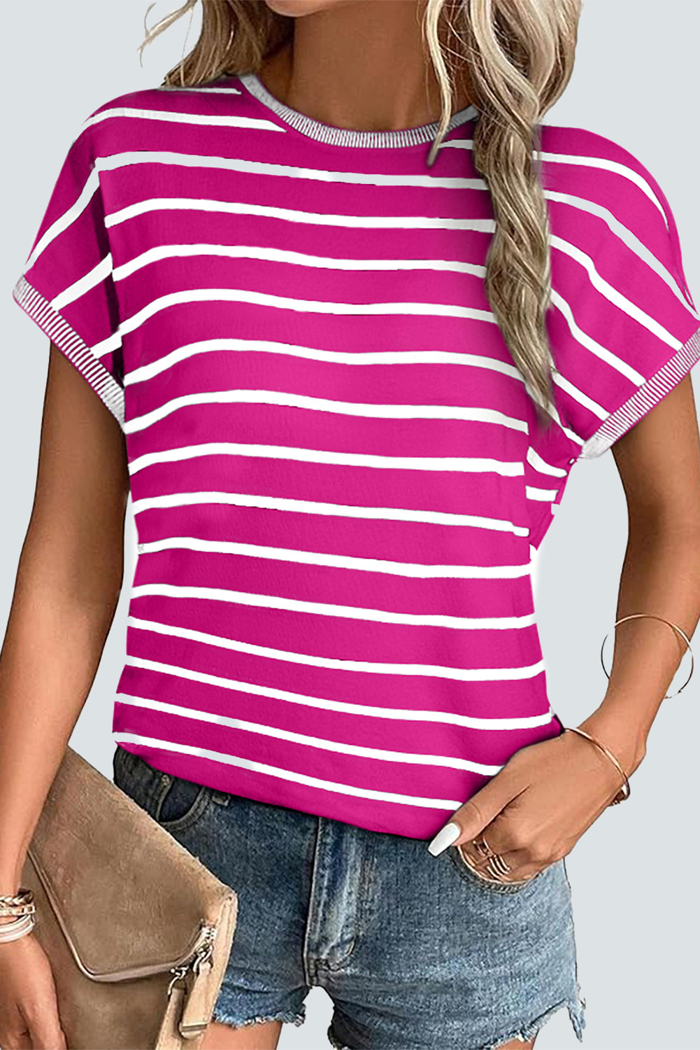White Stripe Knitted Bat Sleeve T Shirt-Sweaters & Cardigans/Short Sleeve Sweaters-[Adult]-[Female]-Rose-S-2022 Online Blue Zone Planet