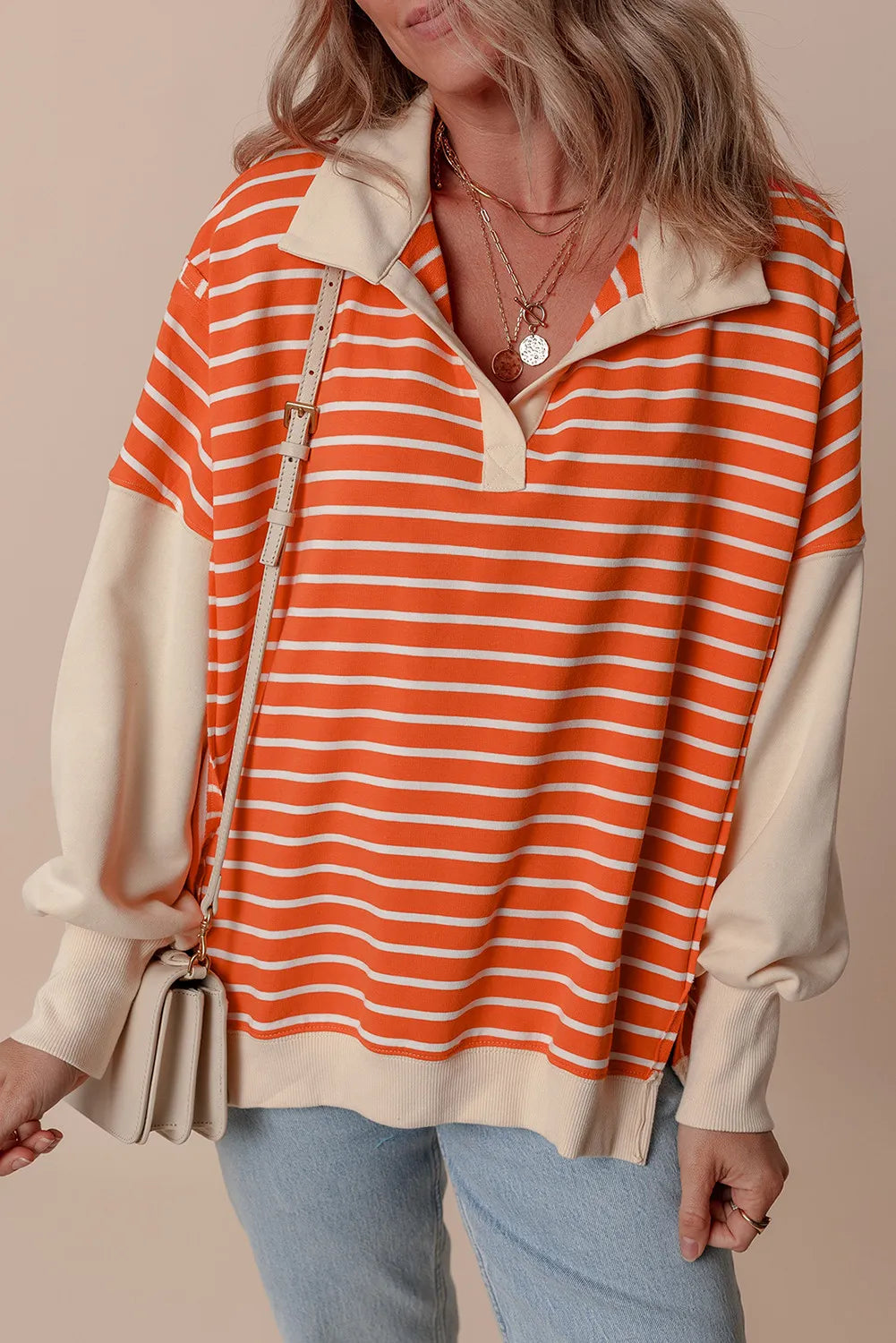 Slit Striped Long Sleeve Sweatshirt-TOPS / DRESSES-[Adult]-[Female]-Orange-S-2022 Online Blue Zone Planet