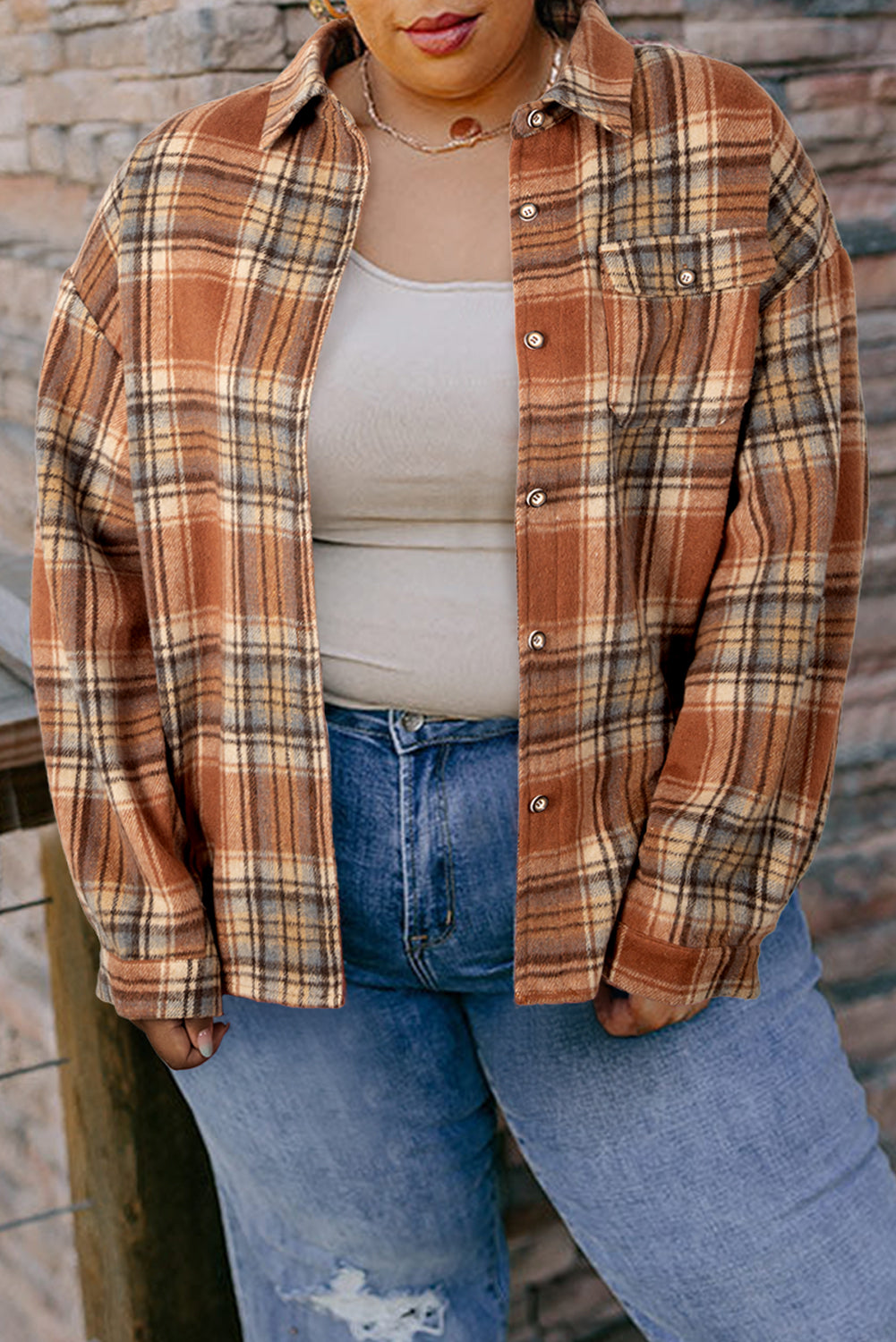Brown Plaid Print Flap Pocket Buttoned Plus Size Shacket-Plus Size/Plus Size Outerwear-[Adult]-[Female]-Brown-1X-2022 Online Blue Zone Planet
