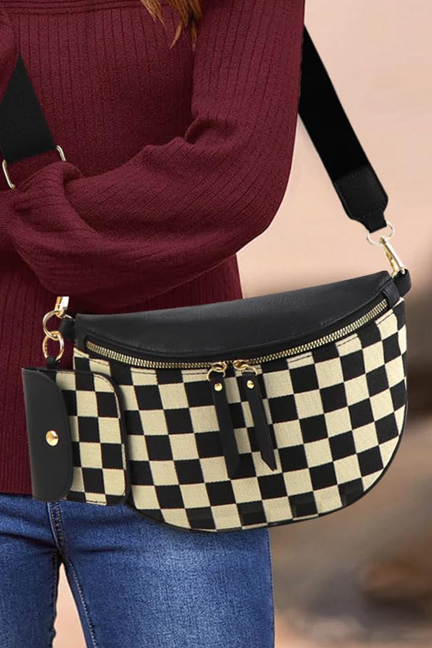 Coffee PU Leather Checkered Knit Patchwork Wallet Attached Shoulder Bag-Shoes & Bags/Shoulder Bags-[Adult]-[Female]-2022 Online Blue Zone Planet