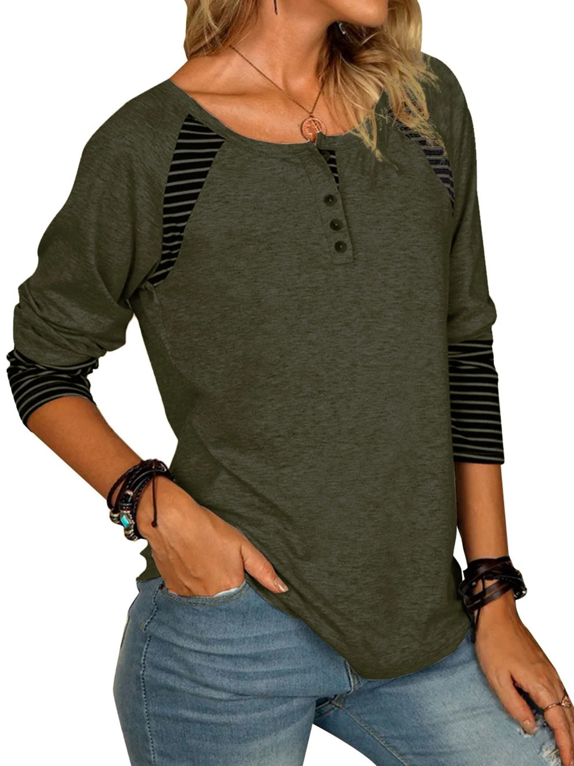 Full Size Striped Quarter Button Long Sleeve T-Shirt-TOPS / DRESSES-[Adult]-[Female]-2022 Online Blue Zone Planet