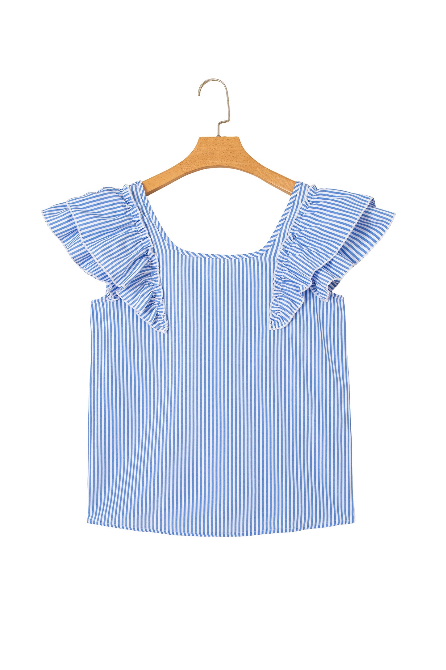 Sky Blue Stripe Square Neck Bow Decor Frilly Ruffled Short Sleeve Blouse-Tops/Blouses & Shirts-[Adult]-[Female]-2022 Online Blue Zone Planet