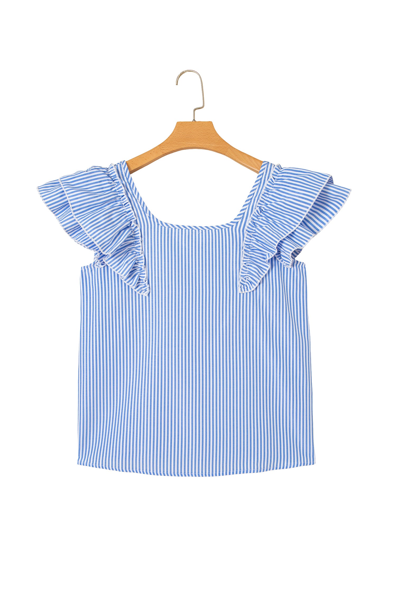 Sky Blue Stripe Square Neck Bow Decor Frilly Ruffled Short Sleeve Blouse-Tops/Blouses & Shirts-[Adult]-[Female]-2022 Online Blue Zone Planet
