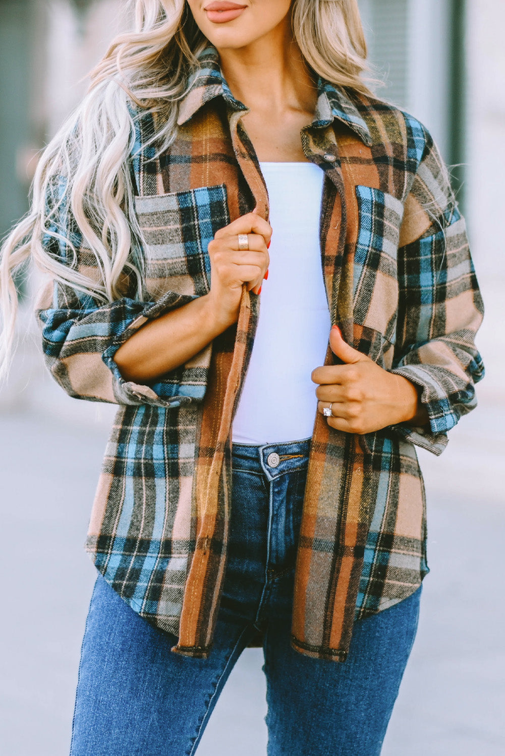 Brown Plaid Color Block Buttoned Shirt with Pockets-Tops/Blouses & Shirts-[Adult]-[Female]-2022 Online Blue Zone Planet