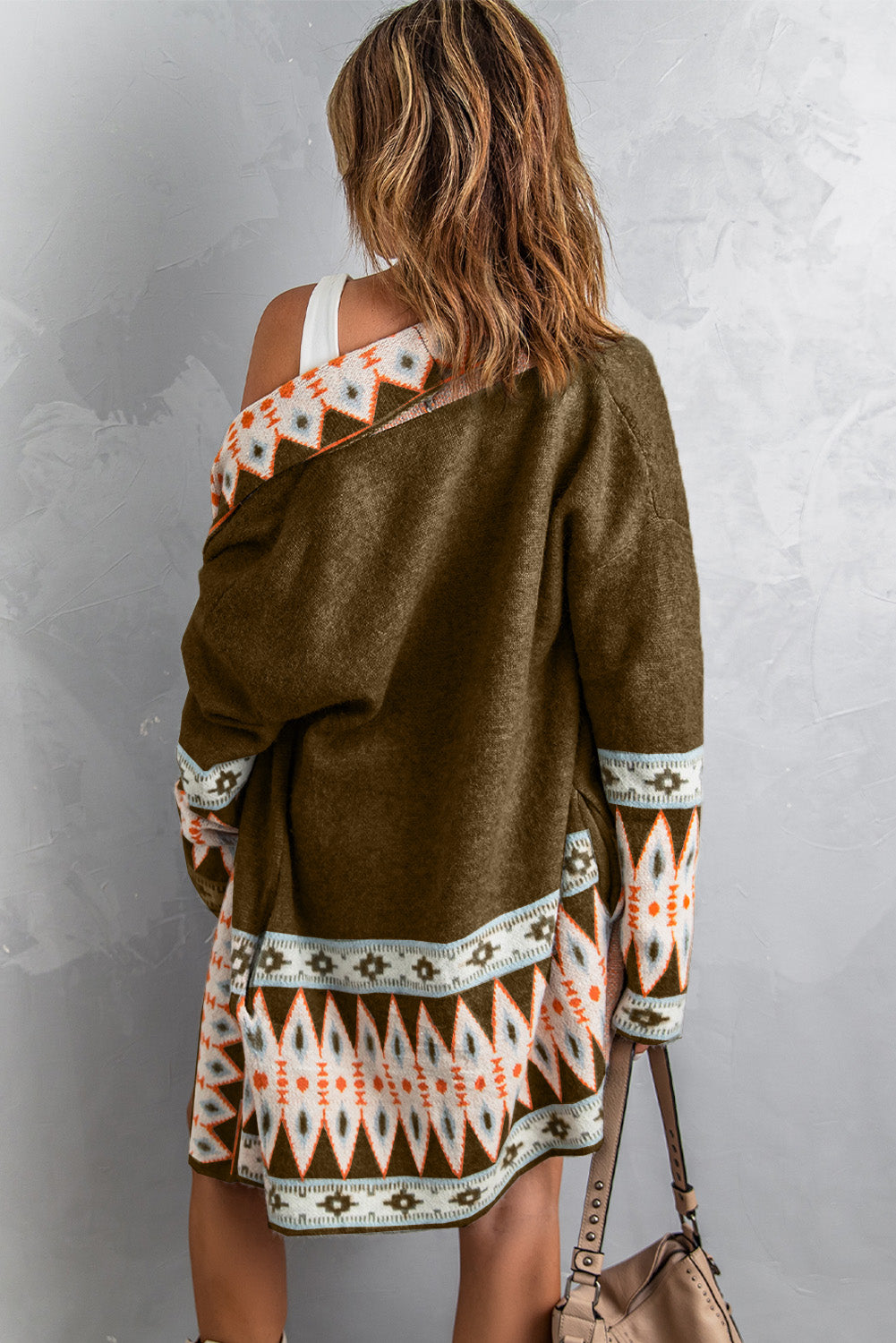 Brown Aztec Print Open Front Knitted Cardigan-Sweaters & Cardigans/Cardigans-[Adult]-[Female]-2022 Online Blue Zone Planet