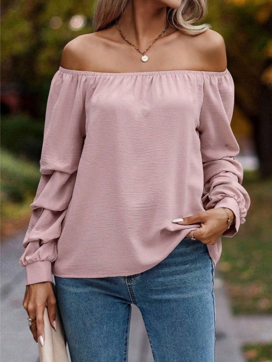 Ruched Off-Shoulder Long Sleeve Blouse-TOPS / DRESSES-[Adult]-[Female]-2022 Online Blue Zone Planet