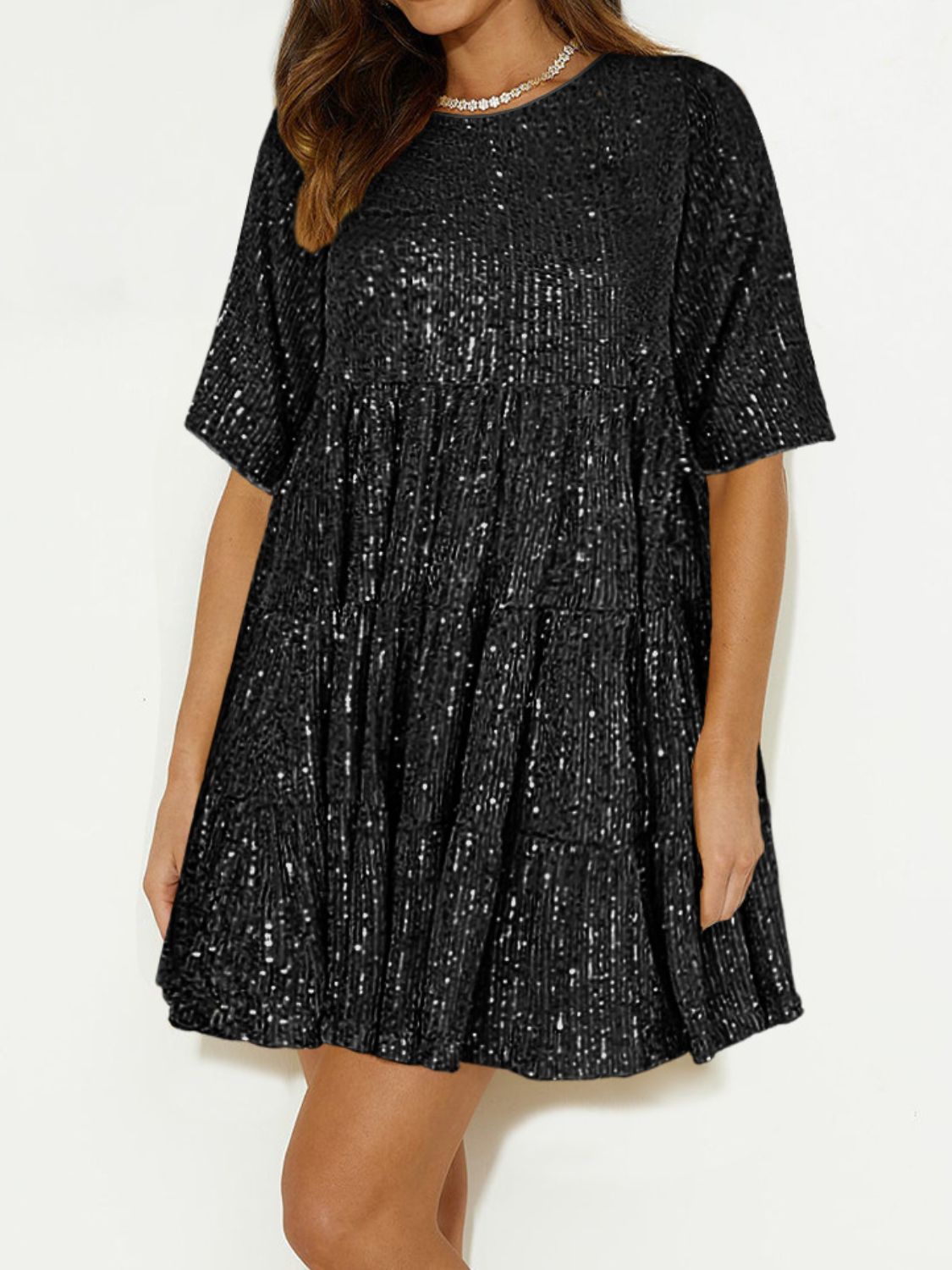 Sequin Round Neck Half Sleeve Mini Dress-TOPS / DRESSES-[Adult]-[Female]-2022 Online Blue Zone Planet