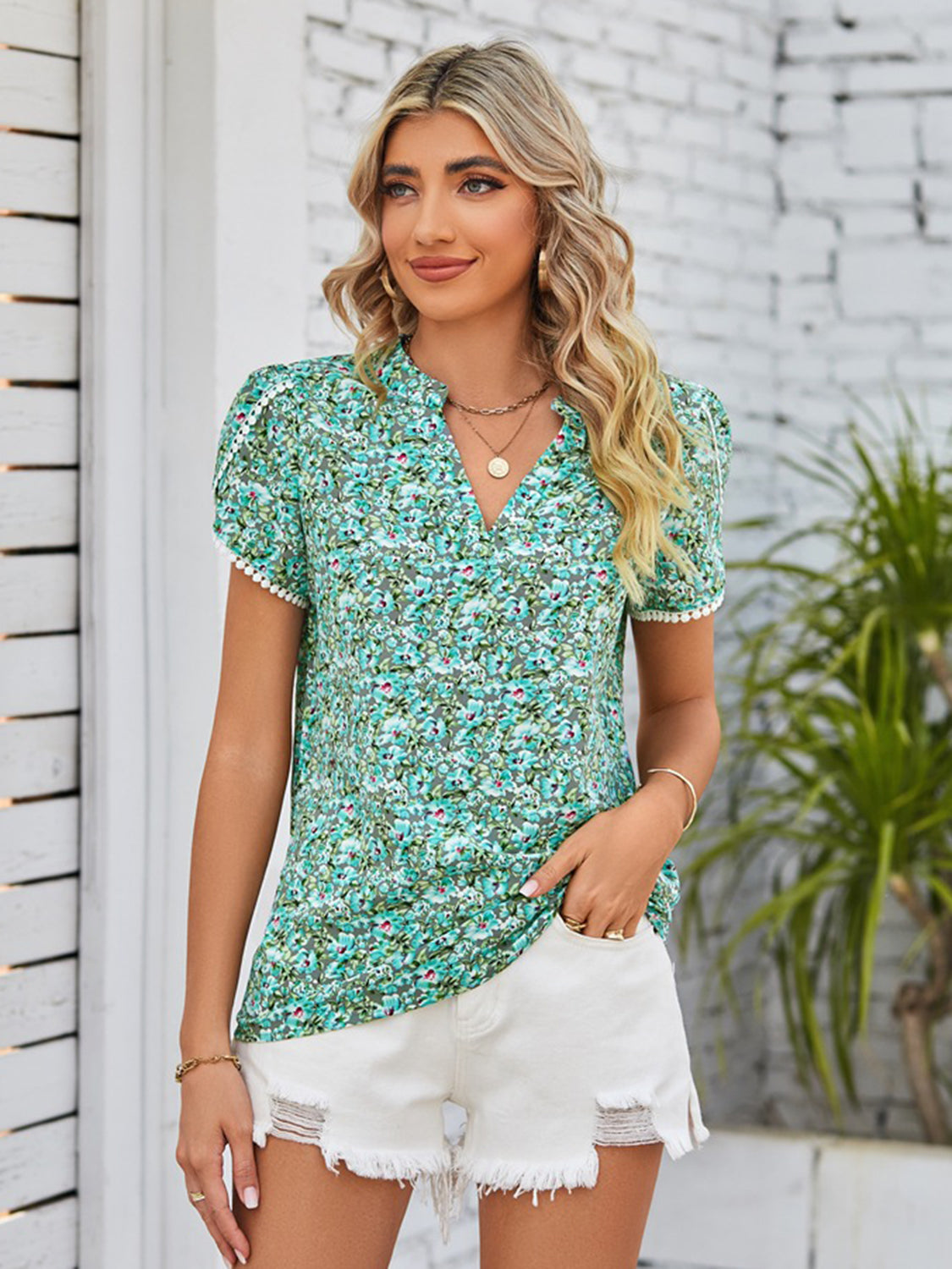 Mandy Floral Notched Neck Blouse-TOPS / DRESSES-[Adult]-[Female]-2022 Online Blue Zone Planet