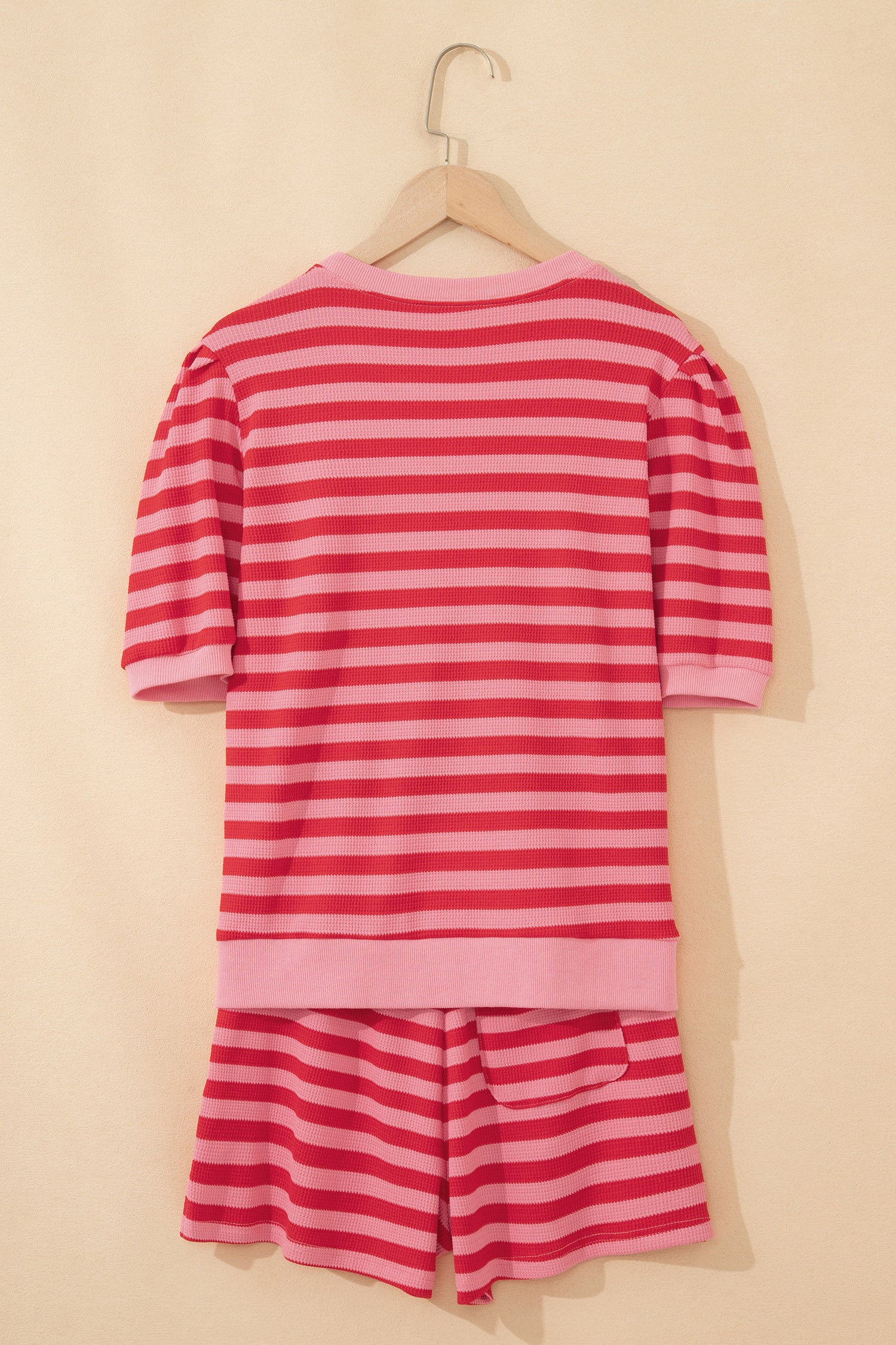 Red Stripe Puff Short Sleeve T Shirt Matching Shorts Set-Two Piece Sets/Short Sets-[Adult]-[Female]-2022 Online Blue Zone Planet
