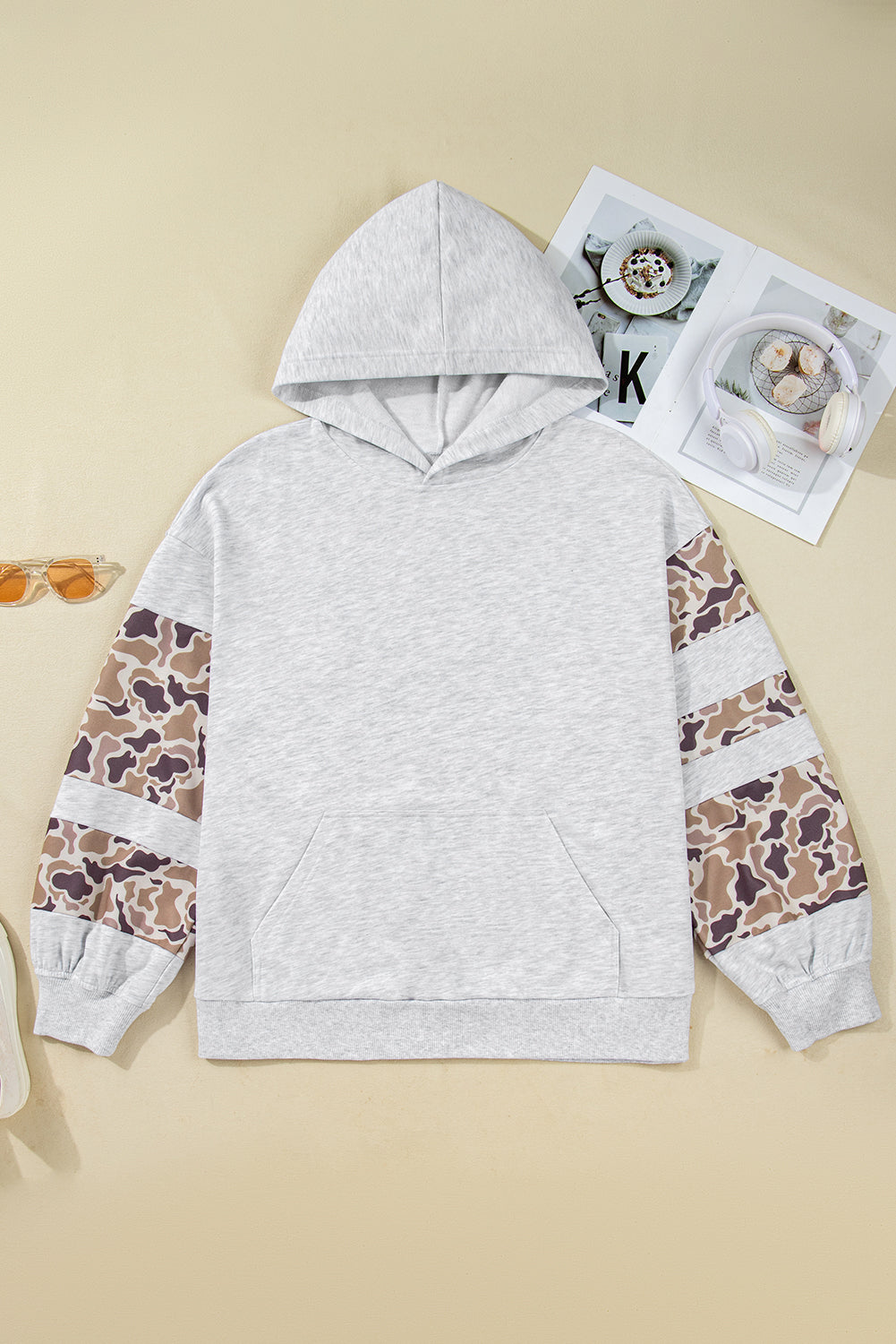 Light Grey Camouflage Patchwork Asymmetric Sleeve Plus Size Hoodie-Tops / Dresses-[Adult]-[Female]-2022 Online Blue Zone Planet