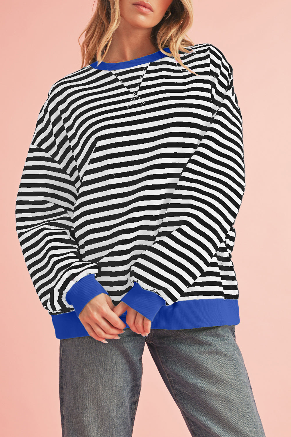 Black Stripe Contrast Edge Cross Seam Oversized Sweatshirt-Sweatshirts & Hoodies-[Adult]-[Female]-2022 Online Blue Zone Planet