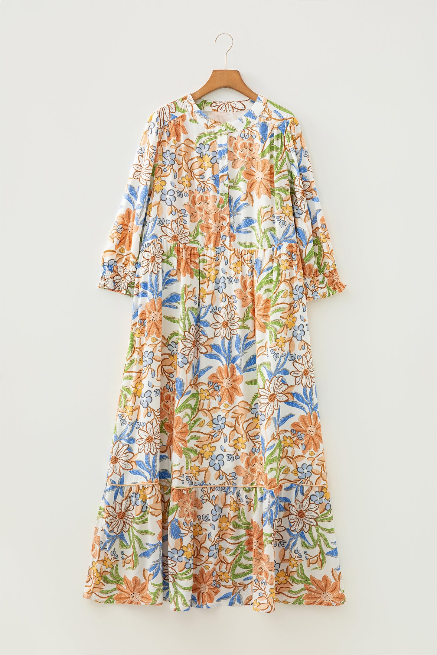 Khaki Floral Print 3/4 Sleeves Tiered Plus Size Long Dress-TOPS / DRESSES-[Adult]-[Female]-2022 Online Blue Zone Planet