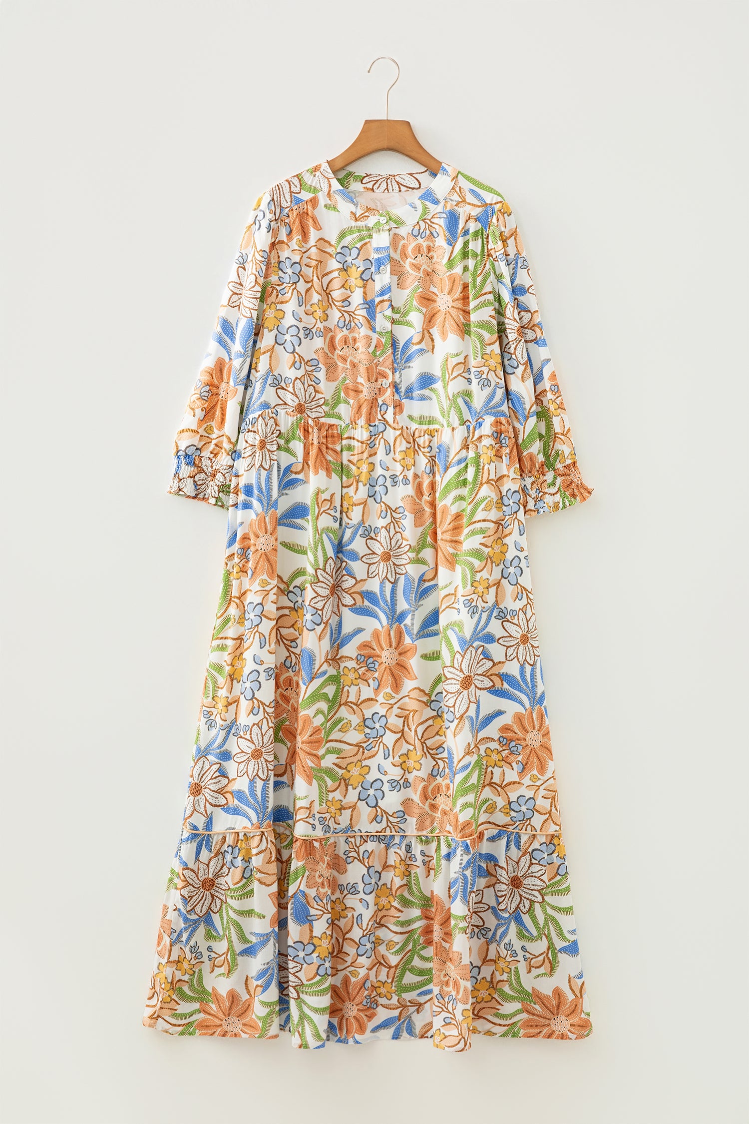 Khaki Floral Print 3/4 Sleeves Tiered Plus Size Long Dress-TOPS / DRESSES-[Adult]-[Female]-2022 Online Blue Zone Planet