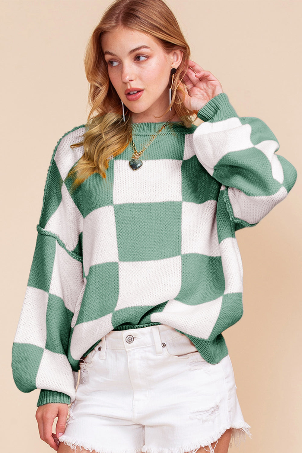 Blue Zone Planet | Pink Checked Bishop Sleeve Pullover Sweater-Sweaters-[Adult]-[Female]-2022 Online Blue Zone Planet