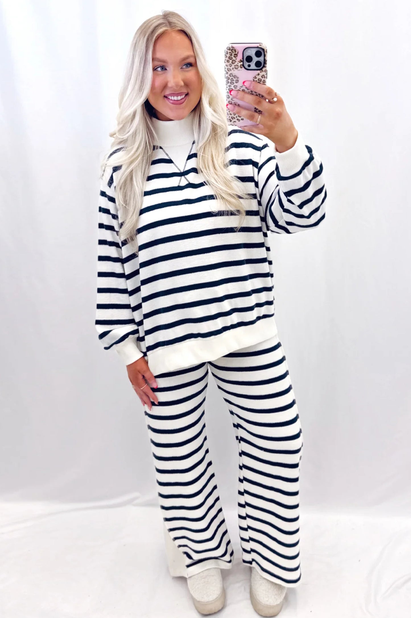 Blue Stripe Striped Ribbed Cuff Collar Pocket Loose Pant Set-Two Piece Sets/Pant Sets-[Adult]-[Female]-2022 Online Blue Zone Planet