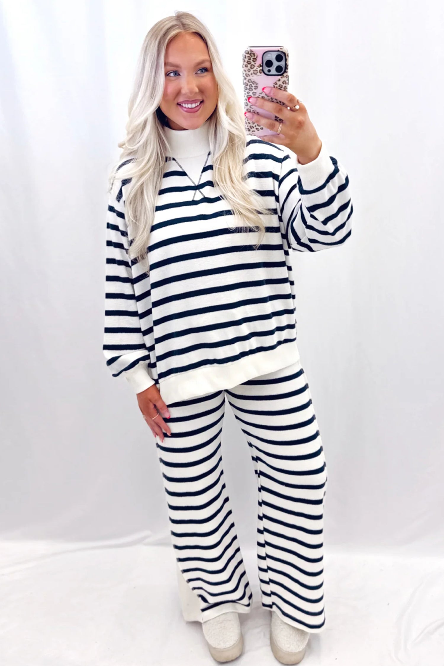 Blue Stripe Striped Ribbed Cuff Collar Pocket Loose Pant Set-Two Piece Sets/Pant Sets-[Adult]-[Female]-2022 Online Blue Zone Planet