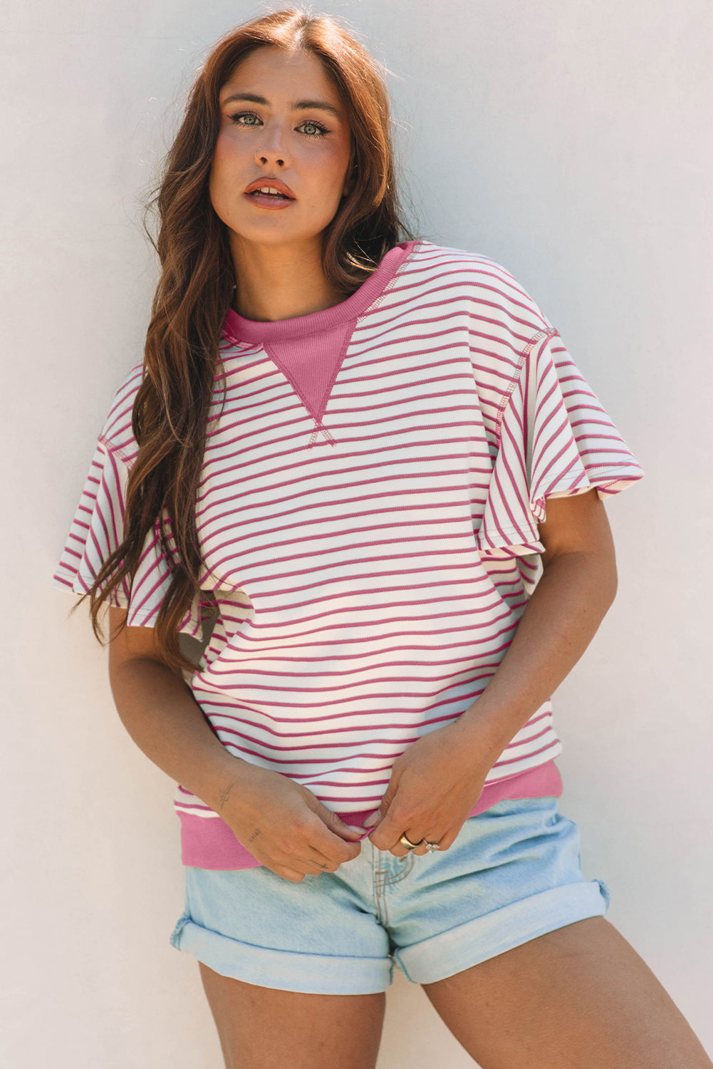 Sachet Pink Contrast Detail Striped Ruffle Short Sleeve Top-Tops/Tops & Tees-[Adult]-[Female]-2022 Online Blue Zone Planet