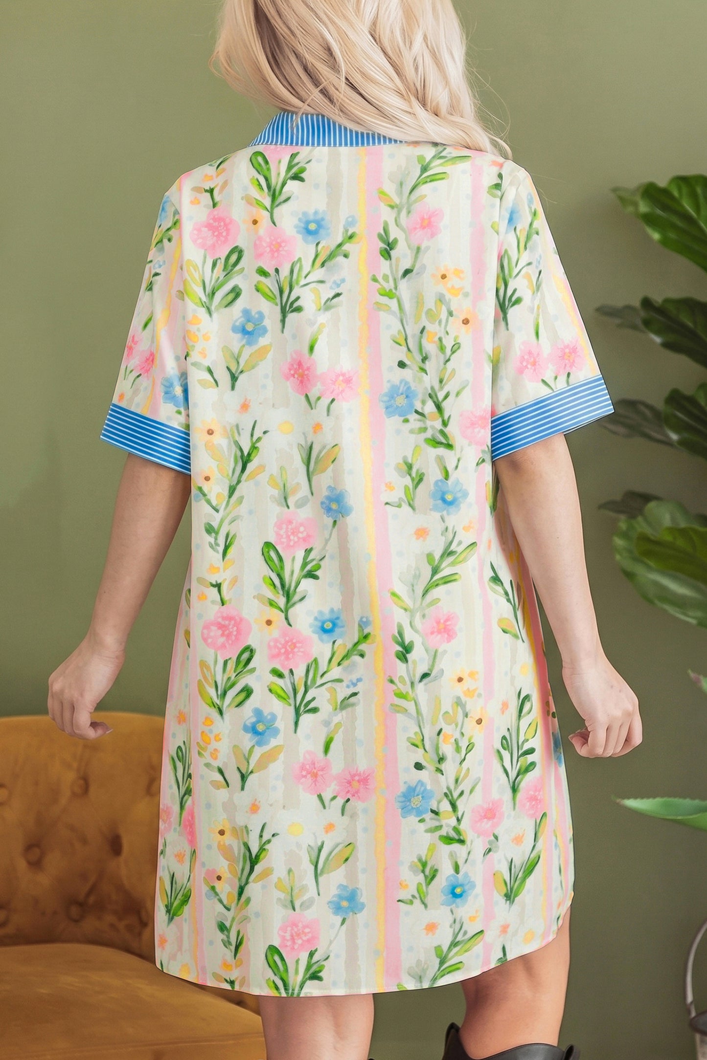 Multicolour Floral Print Striped Trim Button Down Shift Dress-Dresses/Mini Dresses-[Adult]-[Female]-2022 Online Blue Zone Planet