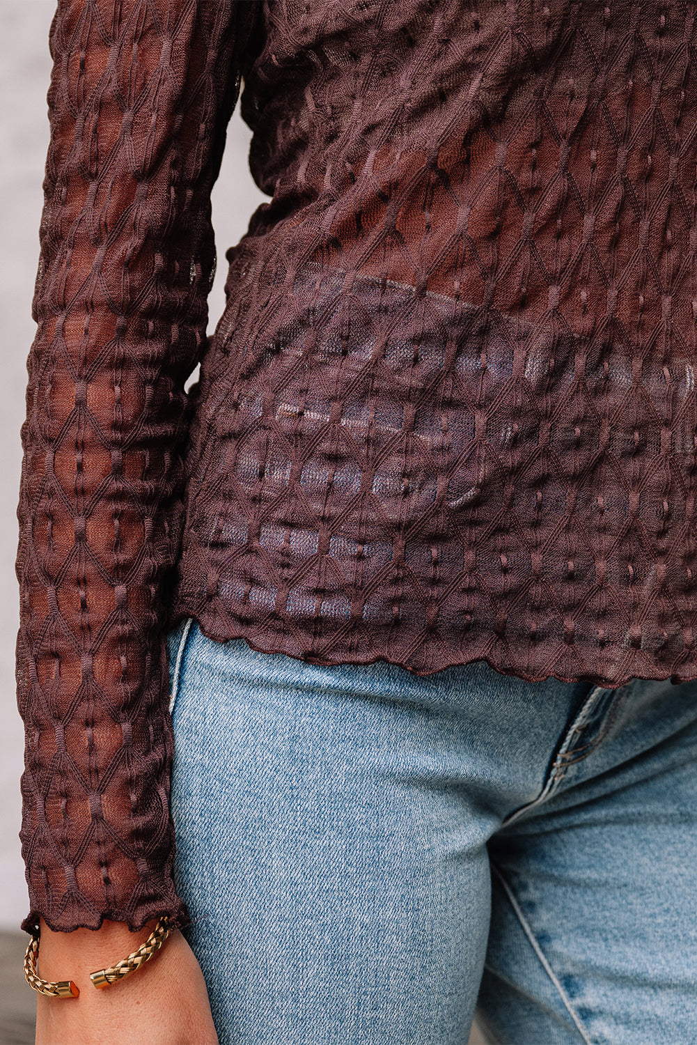 Coffee Sheer Mesh Patterned Lettuce Trim Slim Long Sleeve Top-Tops/Long Sleeve Tops-[Adult]-[Female]-2022 Online Blue Zone Planet