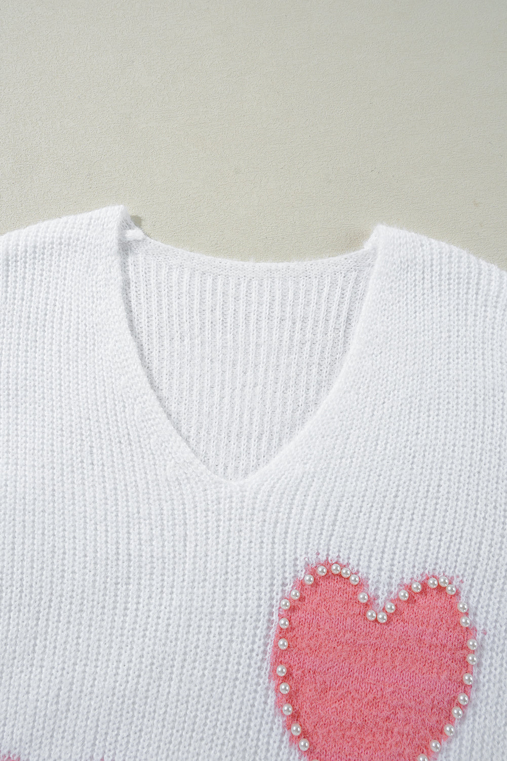 Blue Zone Planet | White Pearl Beaded Heart Pattern Fuzzy V Neck Sweater-Sweaters & Cardigans/Sweaters-[Adult]-[Female]-2022 Online Blue Zone Planet