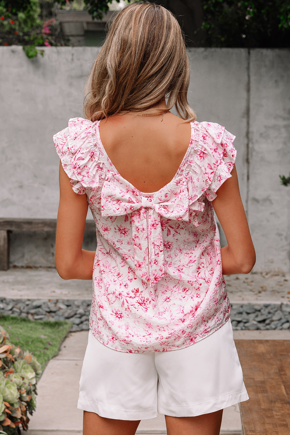 Pink Floral Ruffled Short Sleeve Bow Back Square Neck Blouse-Tops/Blouses & Shirts-[Adult]-[Female]-2022 Online Blue Zone Planet