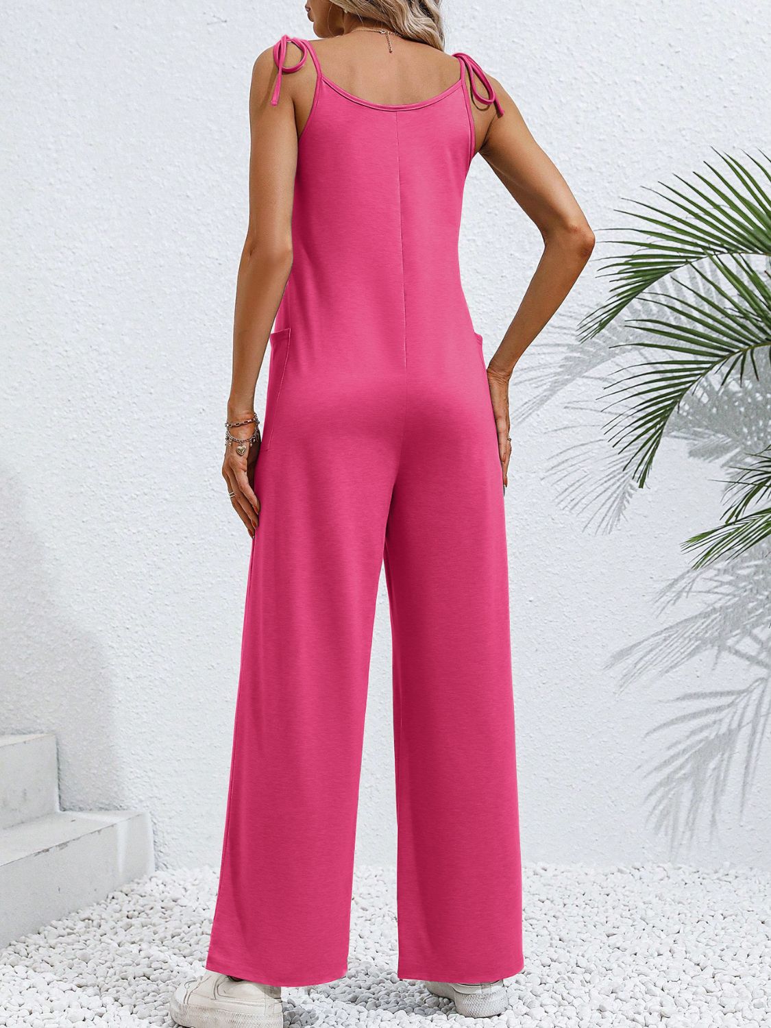 Scoop Neck Tie Shoulder Jumpsuit-BOTTOMS SIZES SMALL MEDIUM LARGE-[Adult]-[Female]-2022 Online Blue Zone Planet