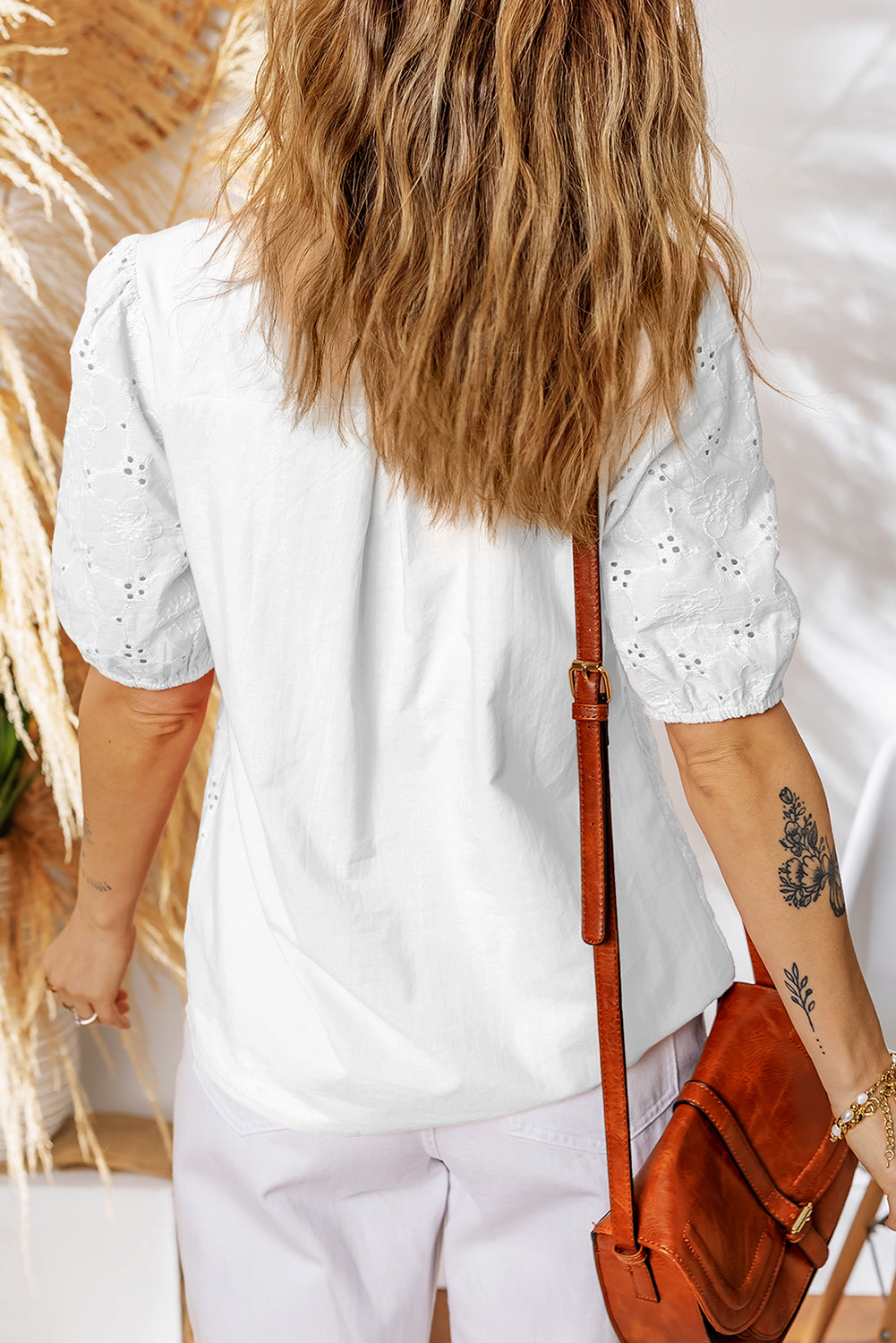 Sky Blue Lace Crochet V Neck Half Sleeve Embroidery Button Down Blouses Casual Shirts-Blouses & Shirts-[Adult]-[Female]-2022 Online Blue Zone Planet
