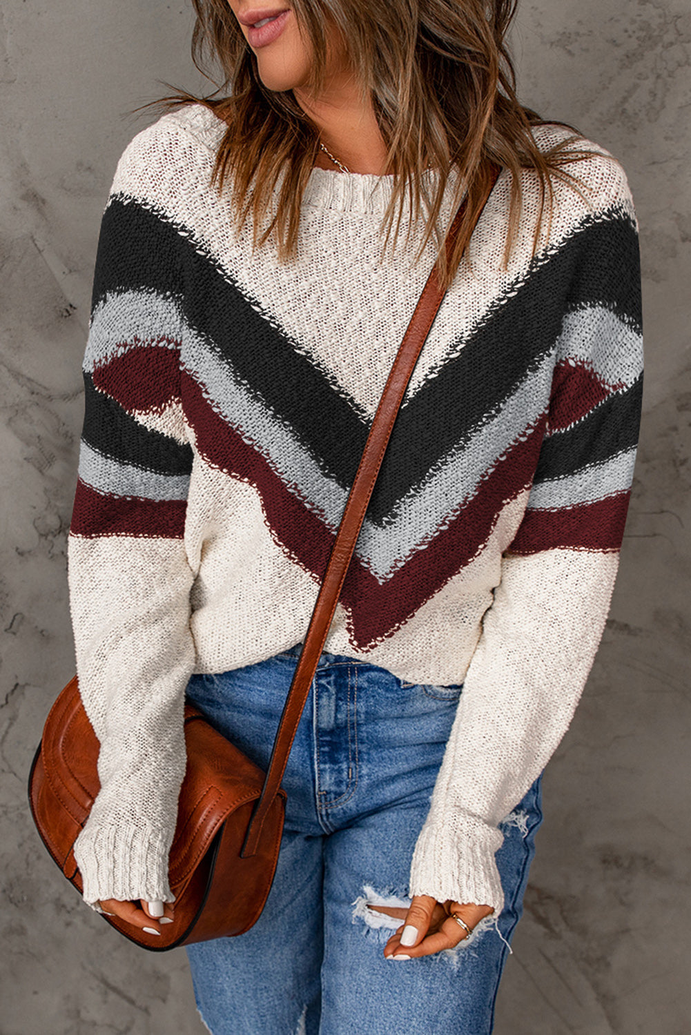 Black Chevron Striped Drop Shoulder Sweater-Sweaters & Cardigans/Sweaters-[Adult]-[Female]-2022 Online Blue Zone Planet