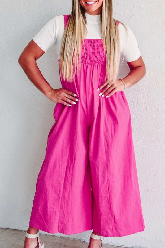 Blue Zone Planet |  Strawberry Pink Wide Straps Smocked Detail Wide Leg Overalls Blue Zone Planet